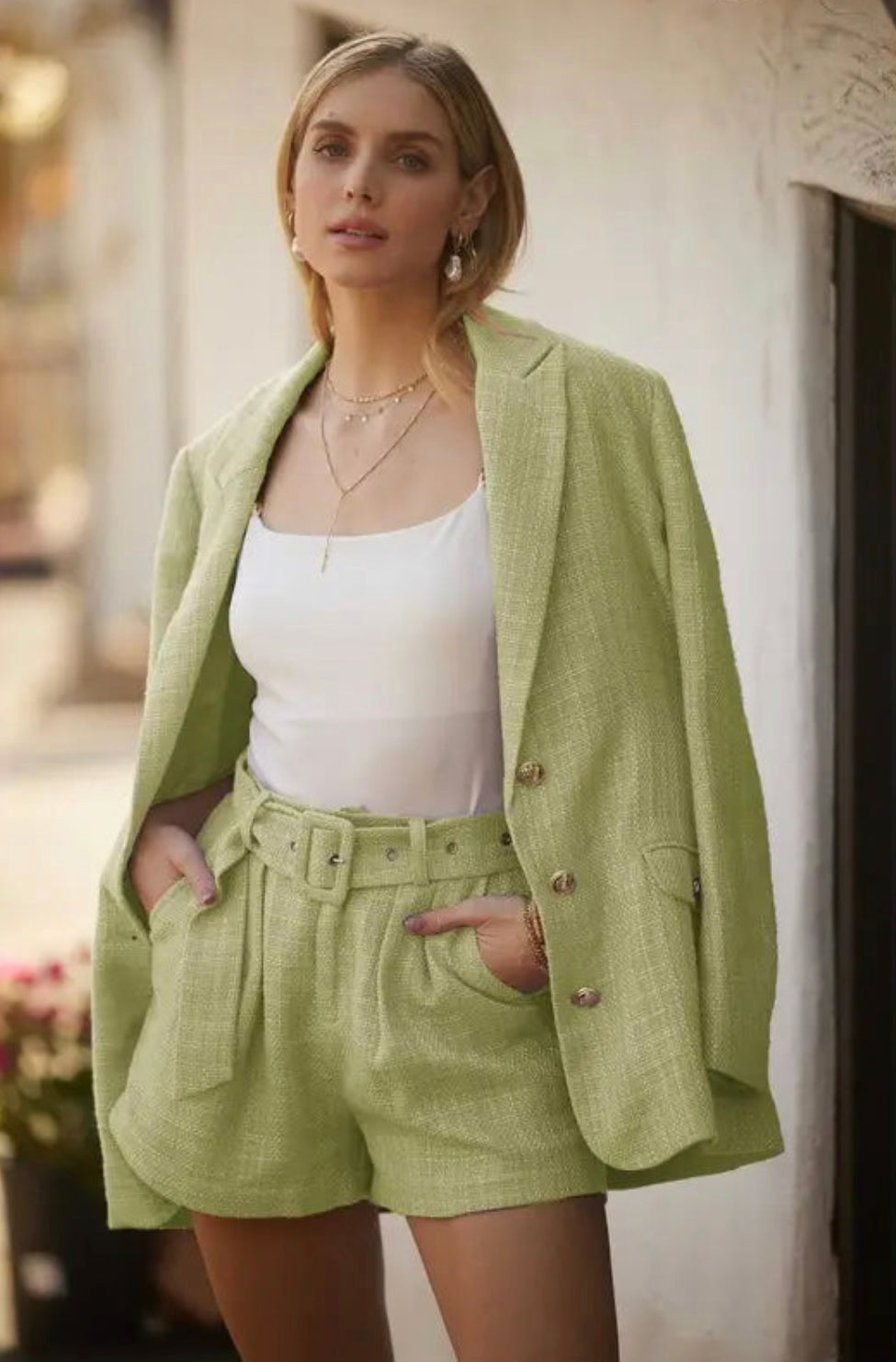 High Rise Belted Wide Leg Tweed Shorts