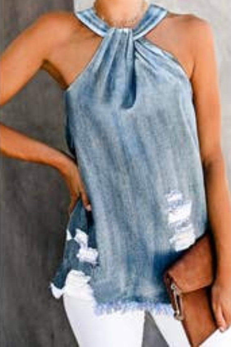 Distressed Denim Halter Top