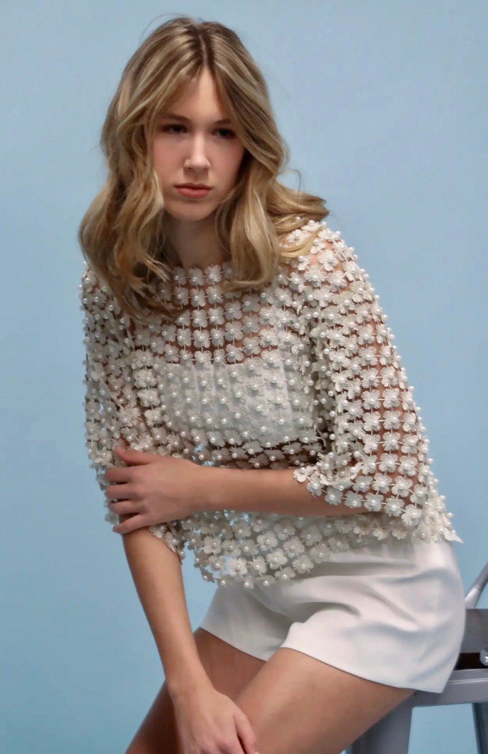 Shimmer Flower and Pearl Mesh Top in Silver