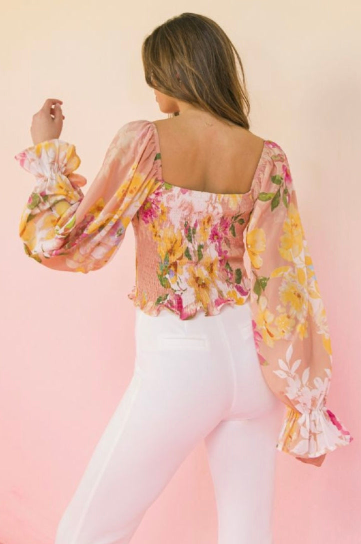 Smocked Bodice Floral Print Top