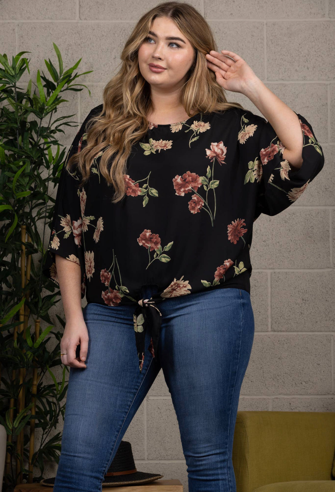 Black Floral Waist Tie Blouse