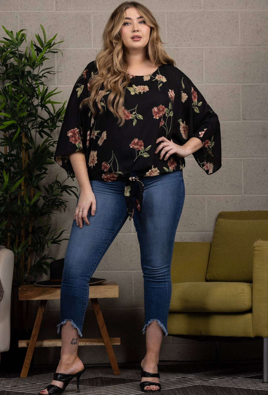 Black Floral Waist Tie Blouse