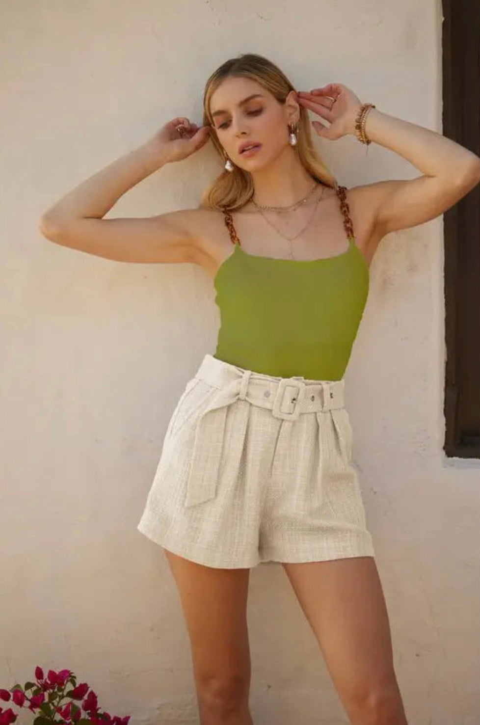 High Rise Belted Wide Leg Tweed Shorts